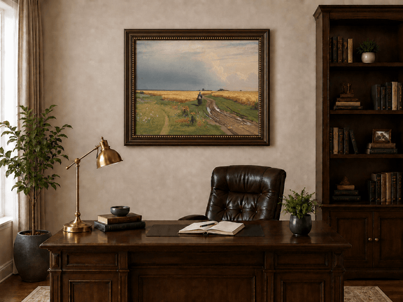 Framed hand-painted wheat field oil painting with a winding path beneath a dramatic sky displayed above a traditional home office desk.