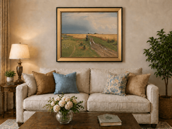 Framed hand-painted wheat field oil painting with a winding path beneath a dramatic sky displayed above a neutral living room sofa.