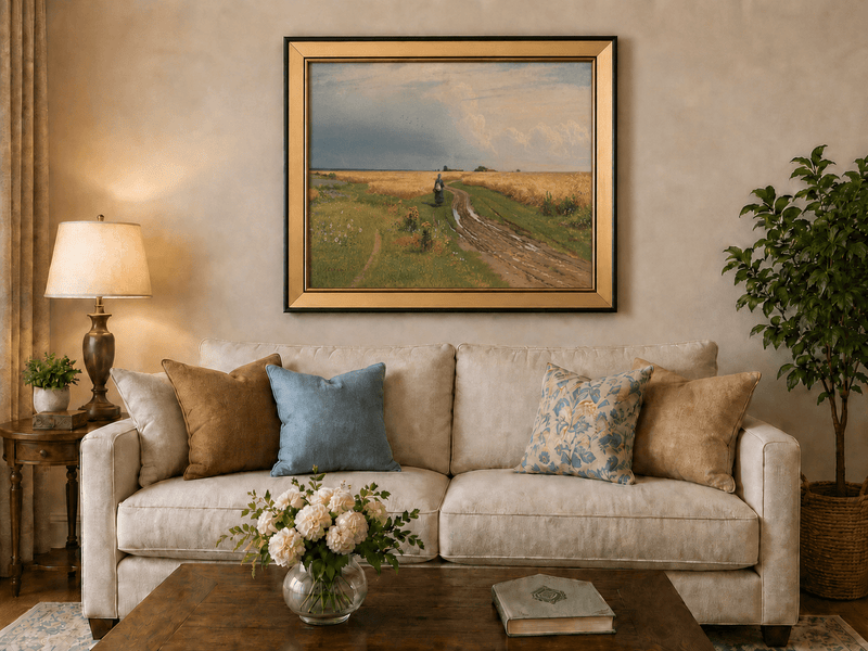 Framed hand-painted wheat field oil painting with a winding path beneath a dramatic sky displayed above a neutral living room sofa.