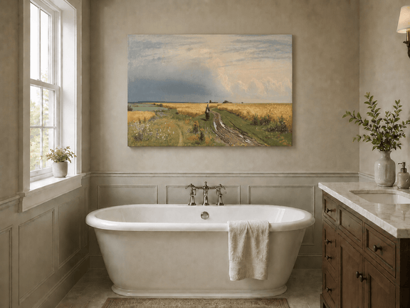Unframed hand-painted wheat field oil painting with a winding path beneath a dramatic sky displayed above a freestanding bathtub.
