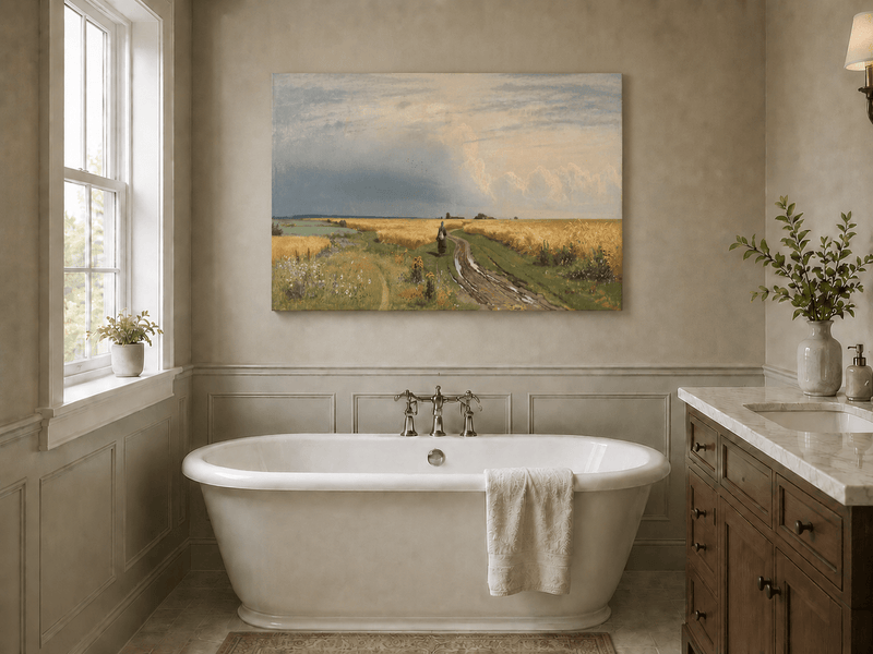 Unframed hand-painted wheat field oil painting with a winding path beneath a dramatic sky displayed above a freestanding bathtub.