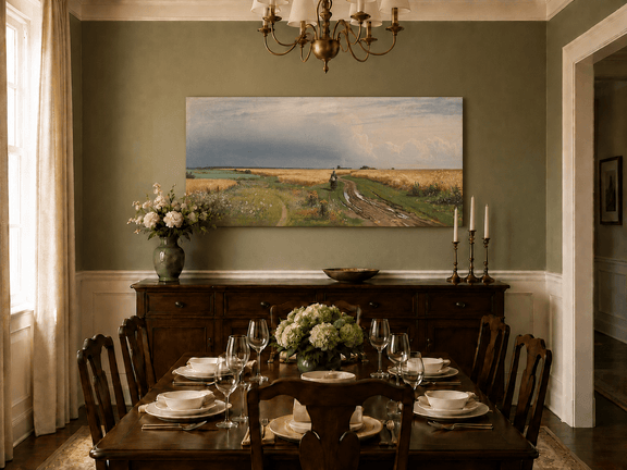 Unframed hand-painted wheat field oil painting with a winding path beneath a dramatic sky displayed above a formal dining table.