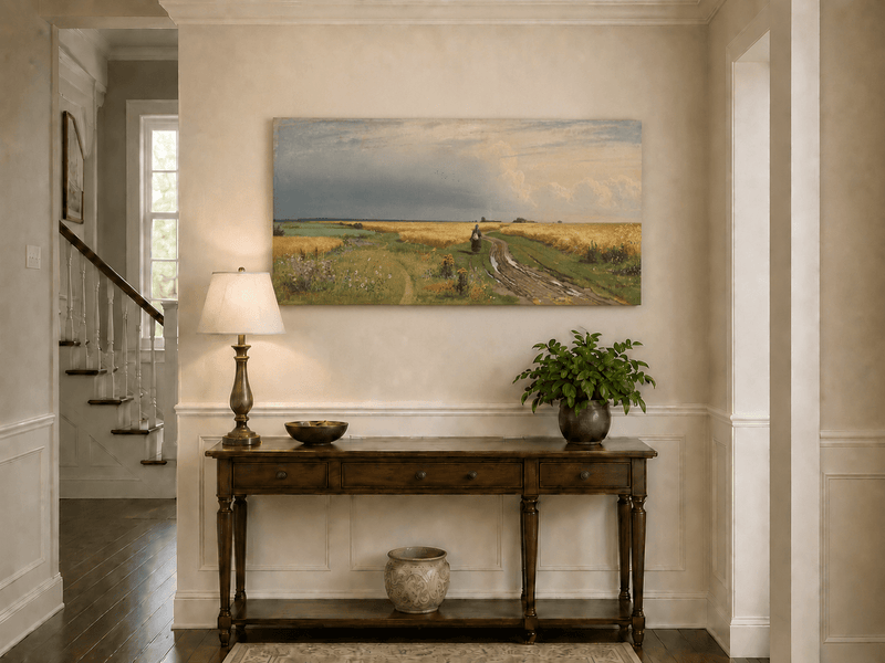Unframed hand-painted wheat field oil painting with a winding path beneath a dramatic sky displayed above an entryway console table.