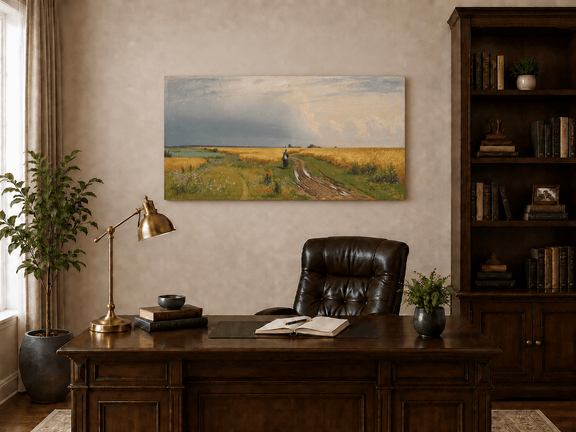 Unframed hand-painted wheat field oil painting with a winding path beneath a dramatic sky displayed above a traditional home office desk.