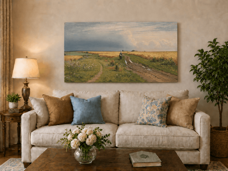 Unframed hand-painted wheat field oil painting with a winding path beneath a dramatic sky displayed above a neutral living room sofa.