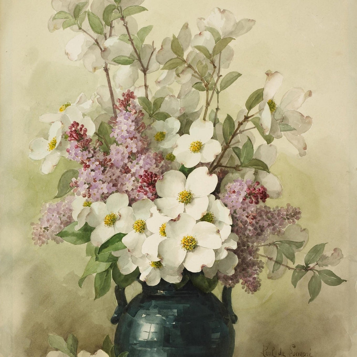 White Blossoms in Blue Vase Still Life – Floral Oil Painting - Oil Painting Haven