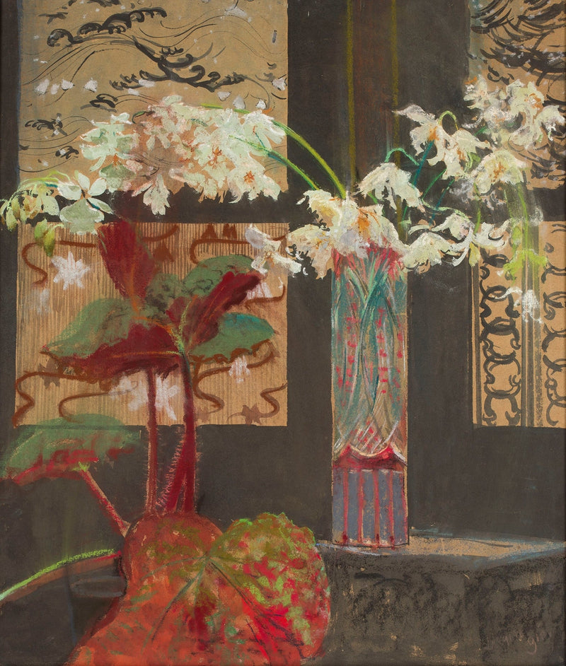 White Blossoms in Decorative Vase Still Life - Floral Oil Painting - Oil Painting Haven