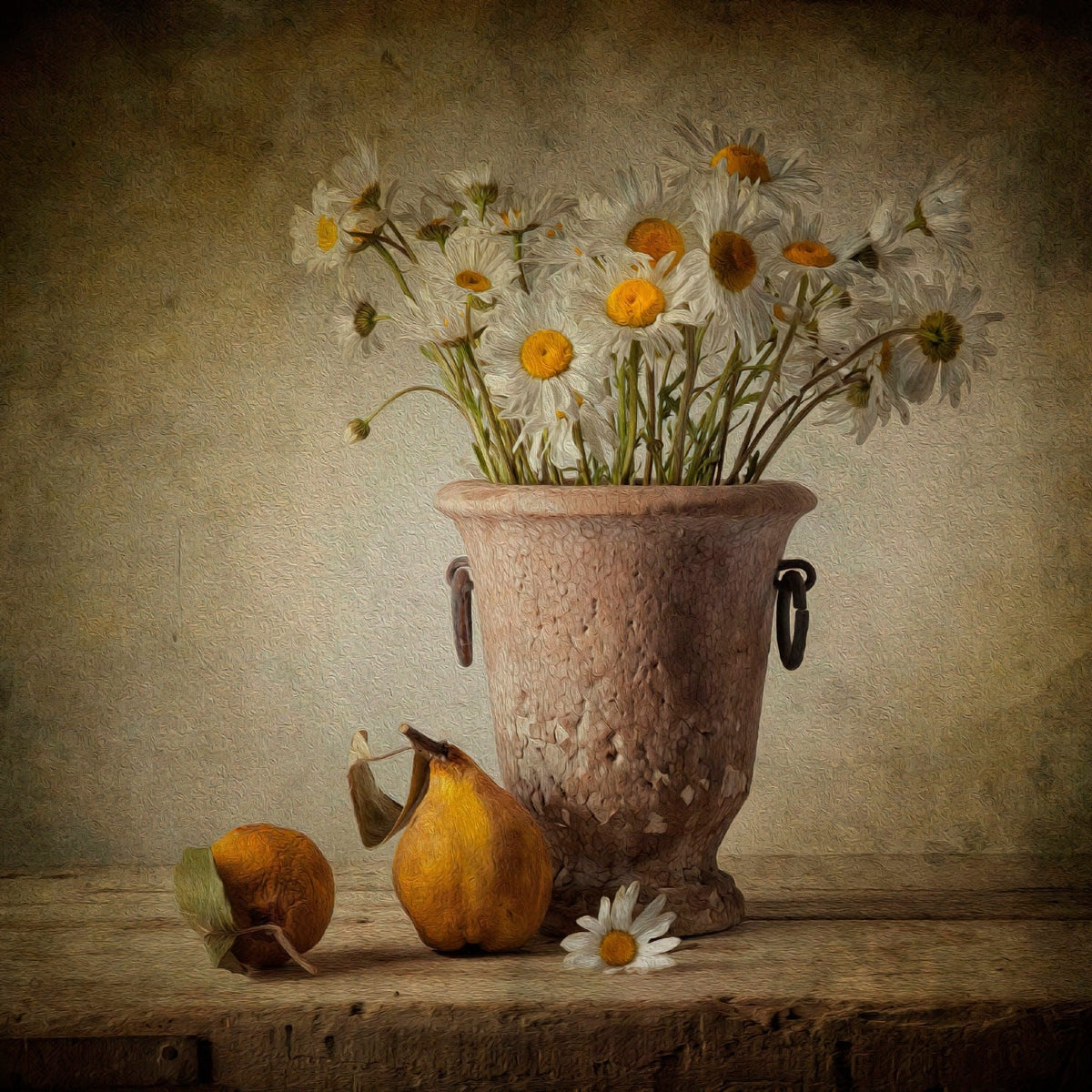White Daisies in Rustic Vase Still Life - Floral Oil Painting - Oil Painting Haven
