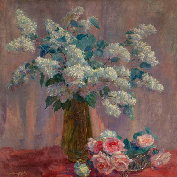 White Lilac and Roses in Glass Vase - Floral Oil Painting - Oil Painting Haven