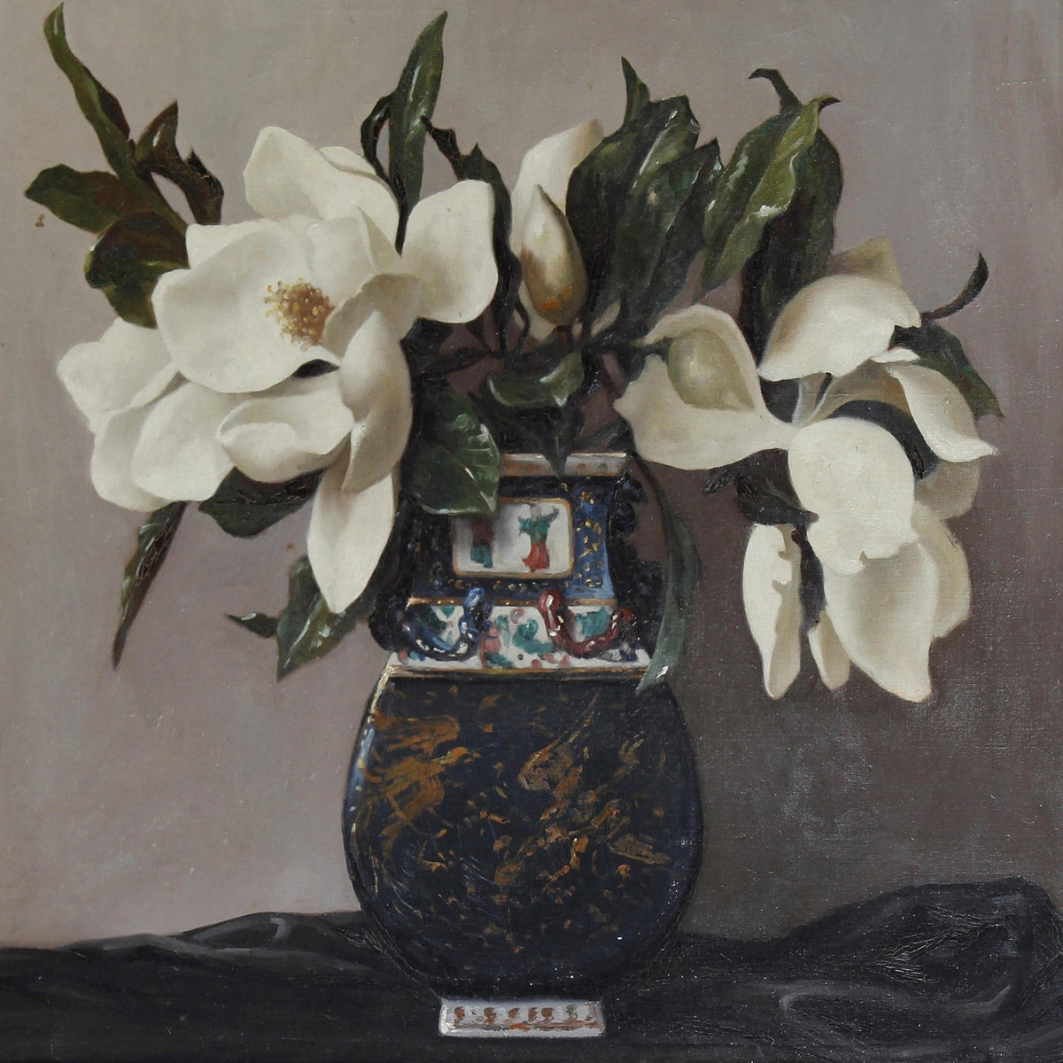 White Magnolia Still Life in Porcelain Vase – Floral Oil Painting - Oil Painting Haven
