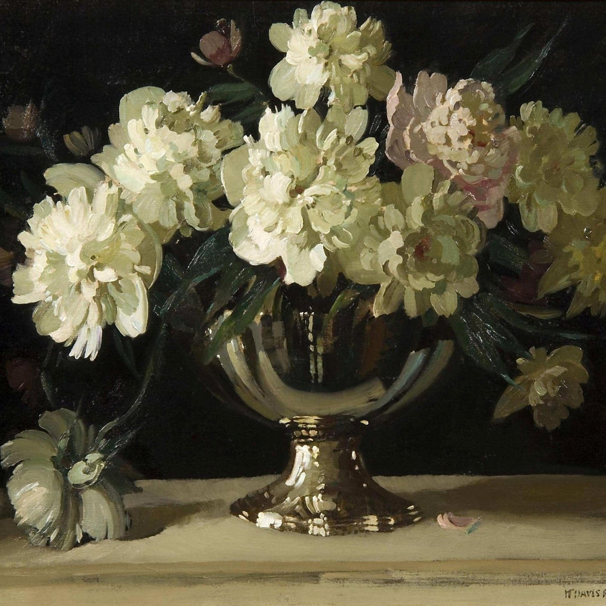White Peonies in Silver Vase Still Life – Floral Oil Painting - Oil Painting Haven