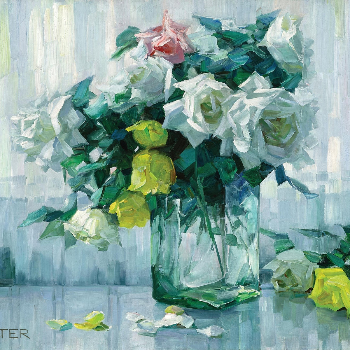 White Rose Bouquet in Glass Vase Still Life - Floral Oil Painting - Oil Painting Haven