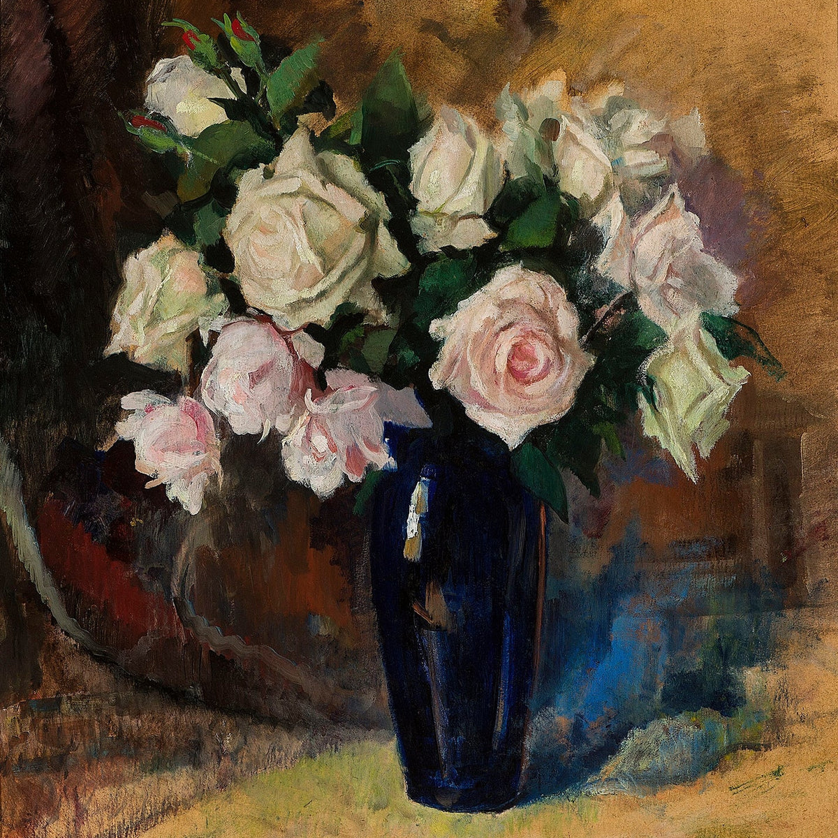 White Roses in Blue Vase Still Life - Floral Oil Painting - Oil Painting Haven