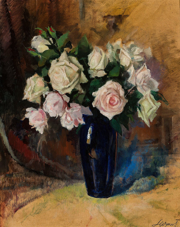 White Roses in Blue Vase Still Life - Floral Oil Painting - Oil Painting Haven