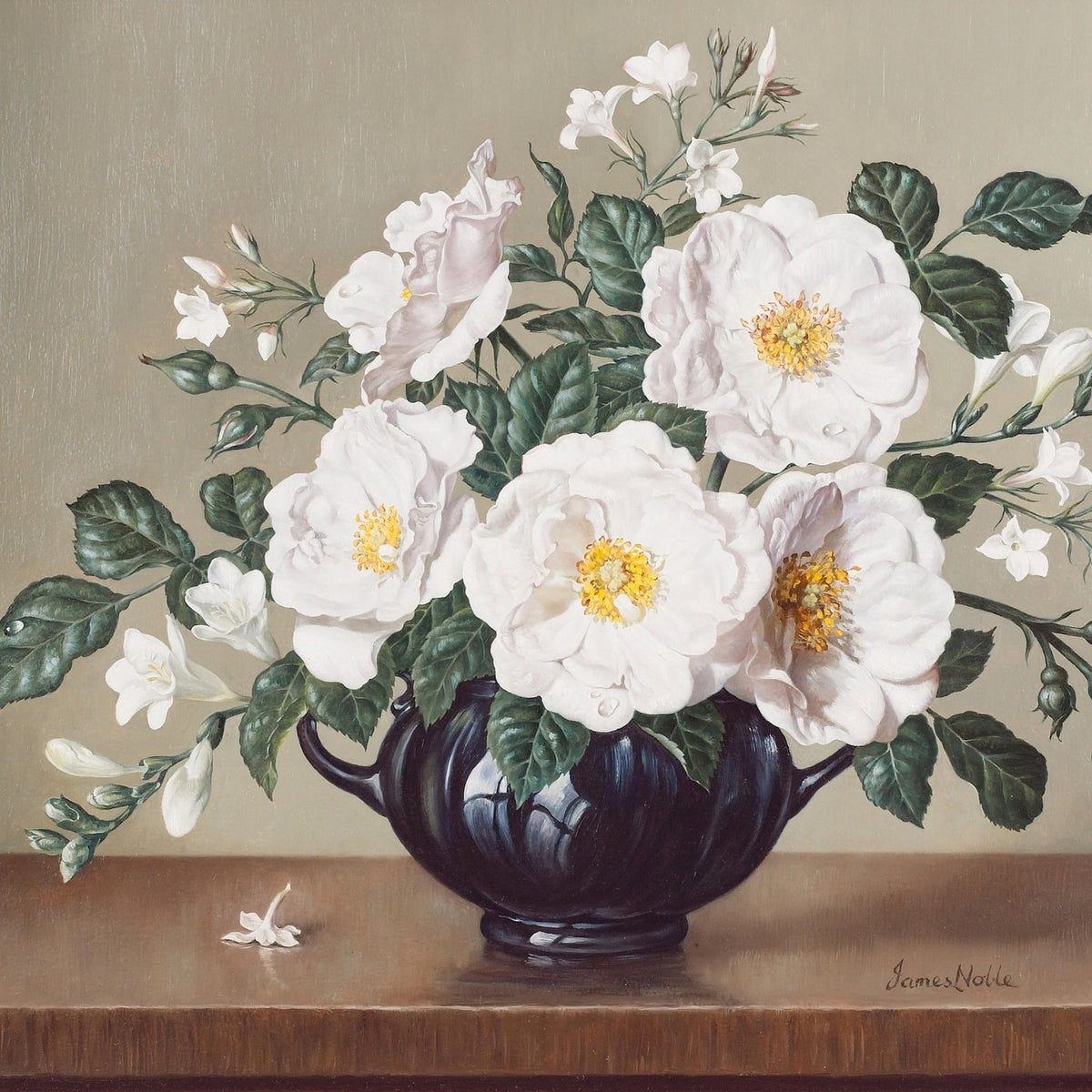 White Roses in Dark Vase Hand - Painted Still Life – Floral Oil Painting - Oil Painting Haven