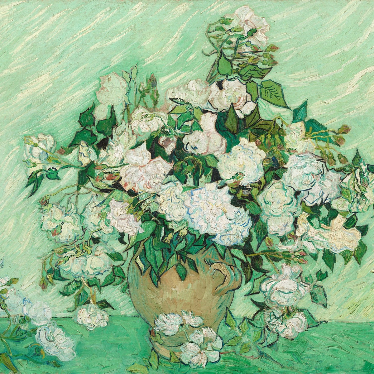 White Roses in Earthen Vase on Green Ground - Floral Oil Painting - Oil Painting Haven