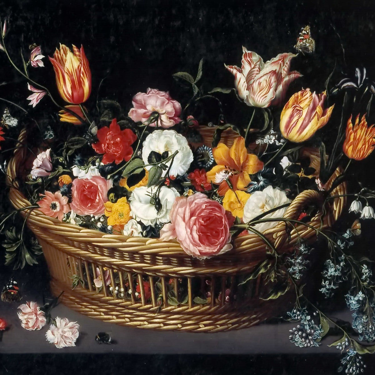 Wicker Basket Flowers Still Life, Dutch Classic - Floral Oil Painting - Oil Painting Haven