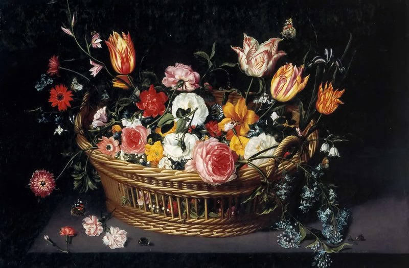 Wicker Basket Flowers Still Life, Dutch Classic - Floral Oil Painting - Oil Painting Haven
