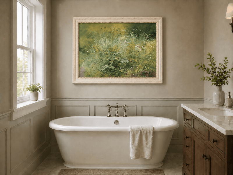Framed hand-painted botanical landscape oil painting with a cluster of wildflowers and grasses displayed above a freestanding bathtub.