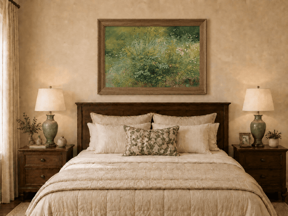 Framed hand-painted botanical landscape oil painting with a cluster of wildflowers and grasses displayed above a wooden bed in a neutral bedroom.