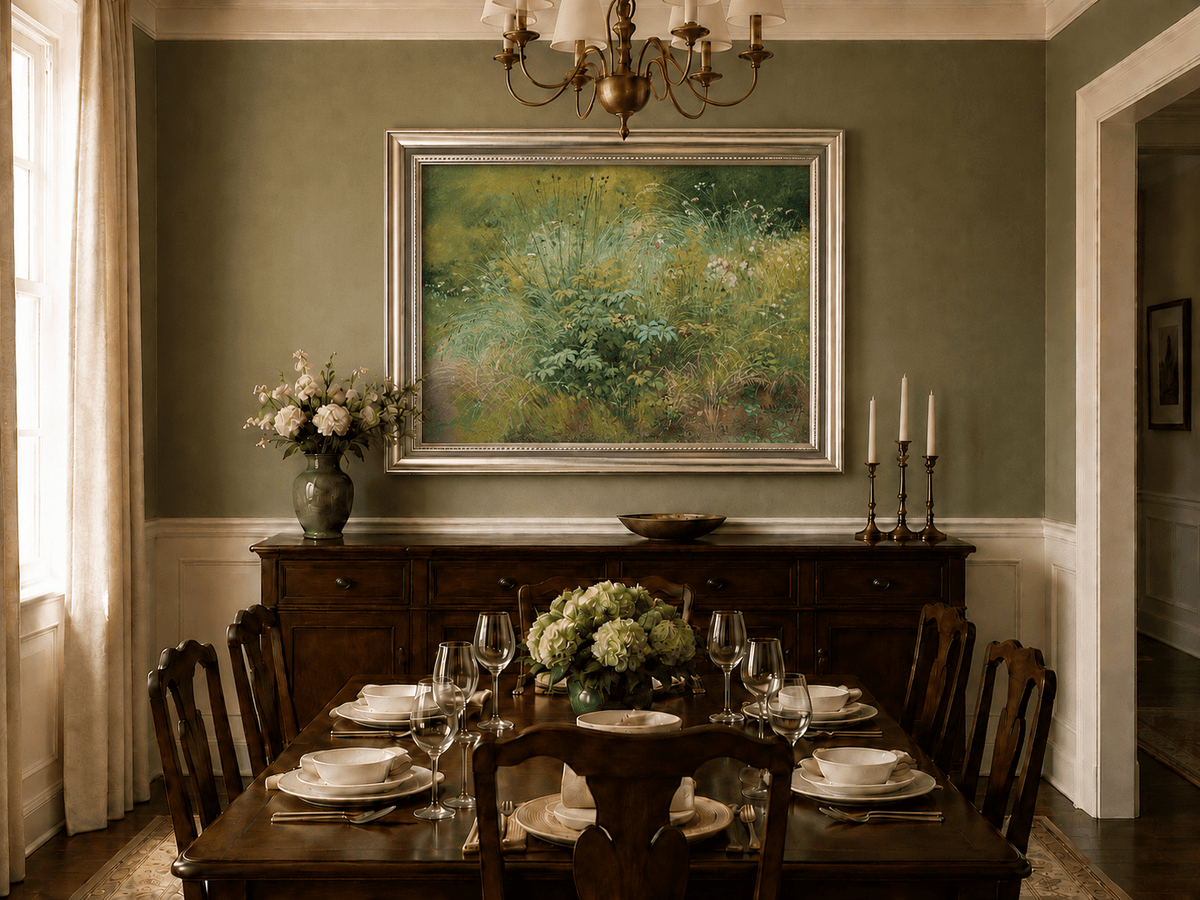 Framed hand-painted botanical landscape oil painting with a cluster of wildflowers and grasses displayed above a formal dining table.