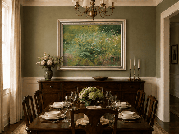 Framed hand-painted botanical landscape oil painting with a cluster of wildflowers and grasses displayed above a formal dining table.