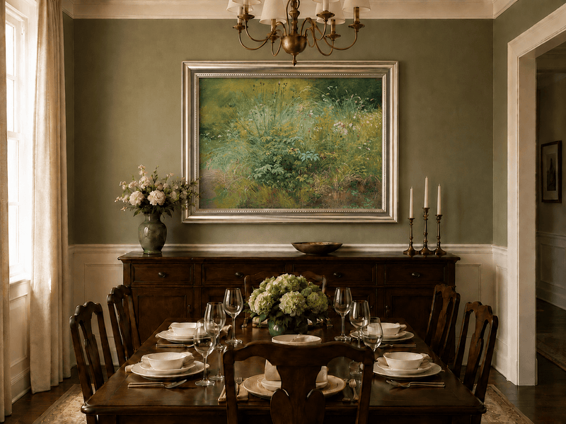 Framed hand-painted botanical landscape oil painting with a cluster of wildflowers and grasses displayed above a formal dining table.