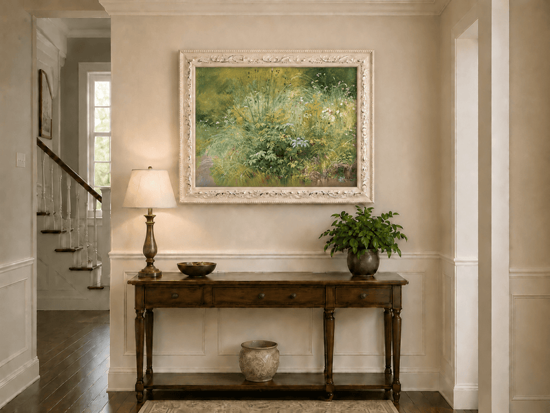 Framed hand-painted botanical landscape oil painting with a cluster of wildflowers and grasses displayed above an entryway console table.