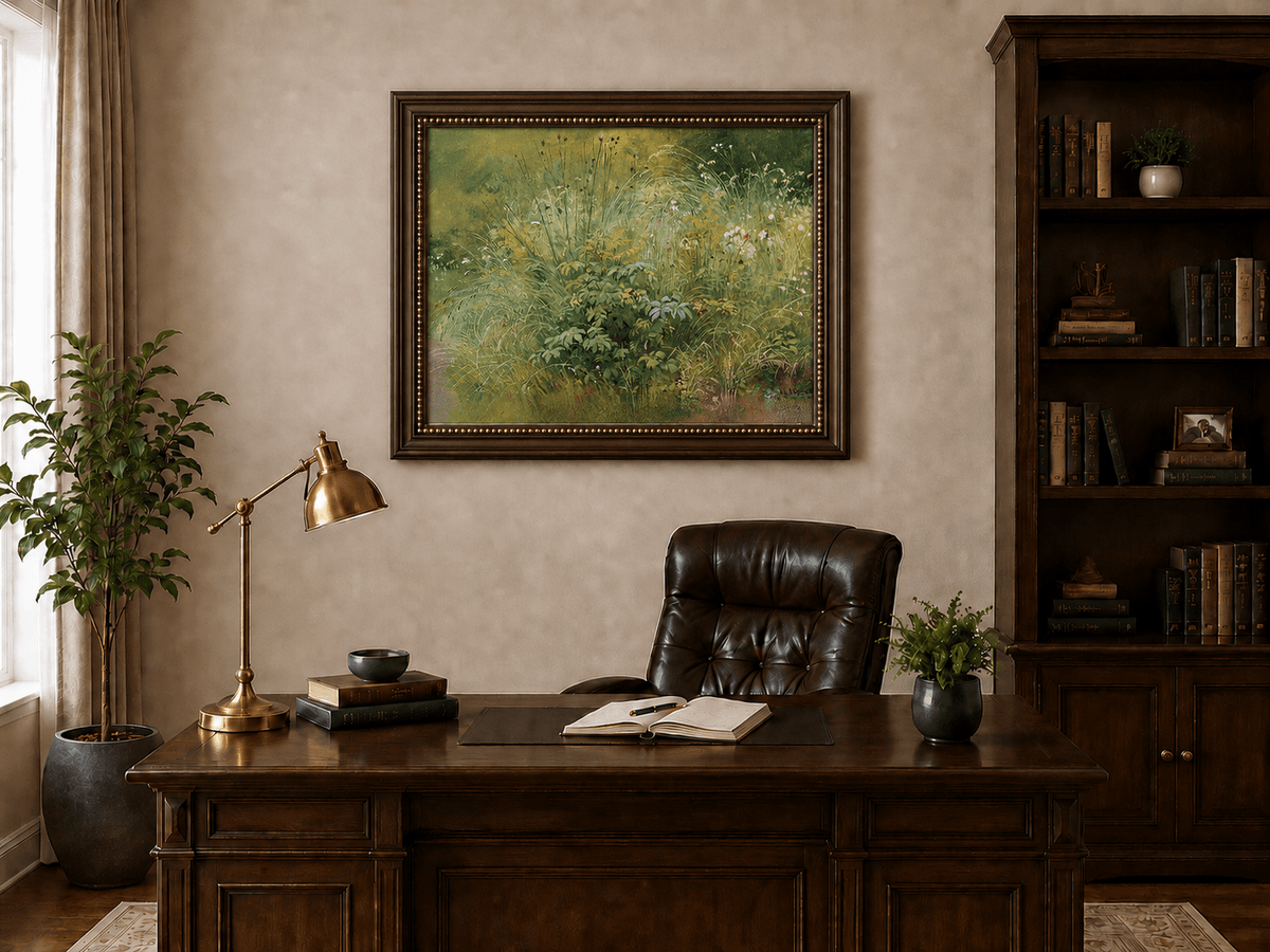 Framed hand-painted botanical landscape oil painting with a cluster of wildflowers and grasses displayed above a traditional home office desk.