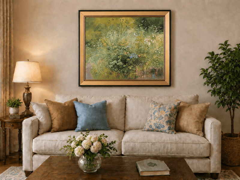 Framed hand-painted botanical landscape oil painting with a cluster of wildflowers and grasses displayed above a neutral living room sofa.