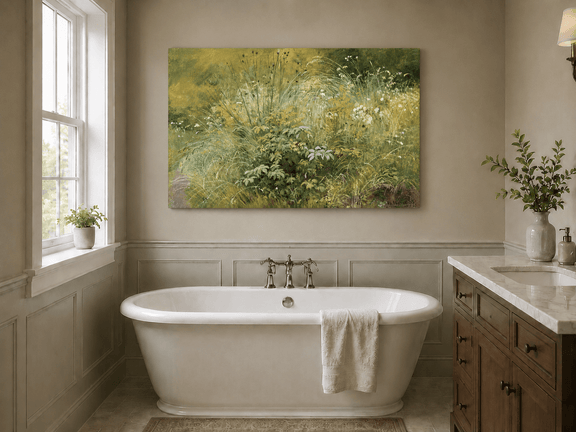 Unframed hand-painted botanical landscape oil painting with a cluster of wildflowers and grasses displayed above a freestanding bathtub.