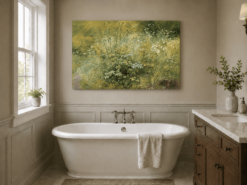 Unframed hand-painted botanical landscape oil painting with a cluster of wildflowers and grasses displayed above a freestanding bathtub.