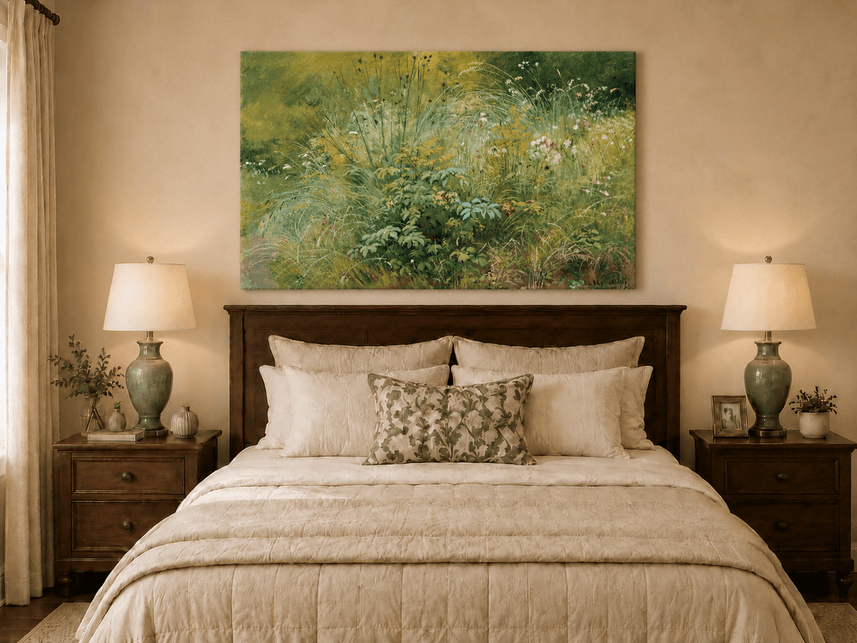 Unframed hand-painted botanical landscape oil painting with a cluster of wildflowers and grasses displayed above a wooden bed in a neutral bedroom.