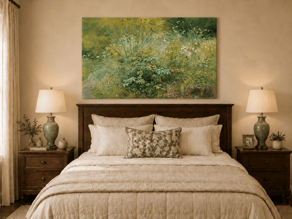 Unframed hand-painted botanical landscape oil painting with a cluster of wildflowers and grasses displayed above a wooden bed in a neutral bedroom.