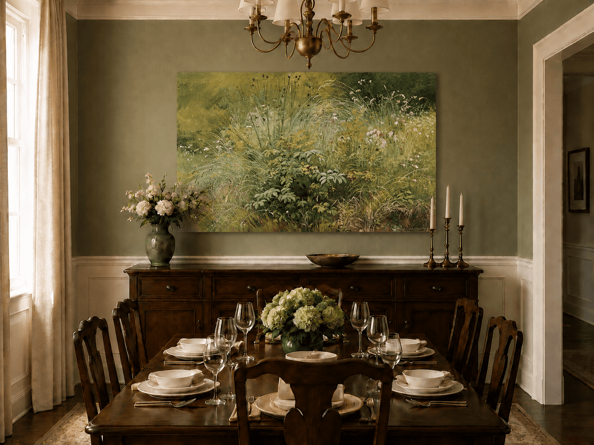 Unframed hand-painted botanical landscape oil painting with a cluster of wildflowers and grasses displayed above a formal dining table.