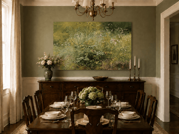 Unframed hand-painted botanical landscape oil painting with a cluster of wildflowers and grasses displayed above a formal dining table.