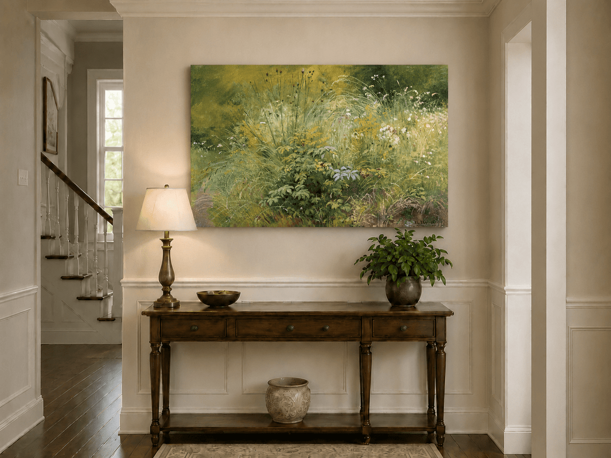 Unframed hand-painted botanical landscape oil painting with a cluster of wildflowers and grasses displayed above an entryway console table.