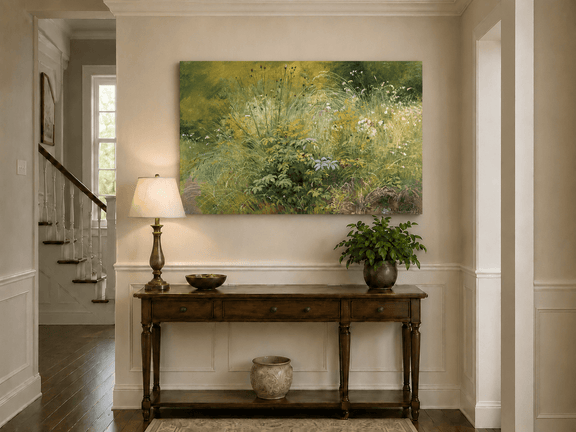 Unframed hand-painted botanical landscape oil painting with a cluster of wildflowers and grasses displayed above an entryway console table.