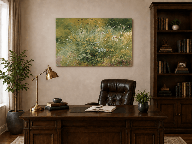 Unframed hand-painted botanical landscape oil painting with a cluster of wildflowers and grasses displayed above a traditional home office desk.