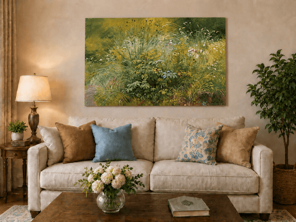 Unframed hand-painted botanical landscape oil painting with a cluster of wildflowers and grasses displayed above a neutral living room sofa.