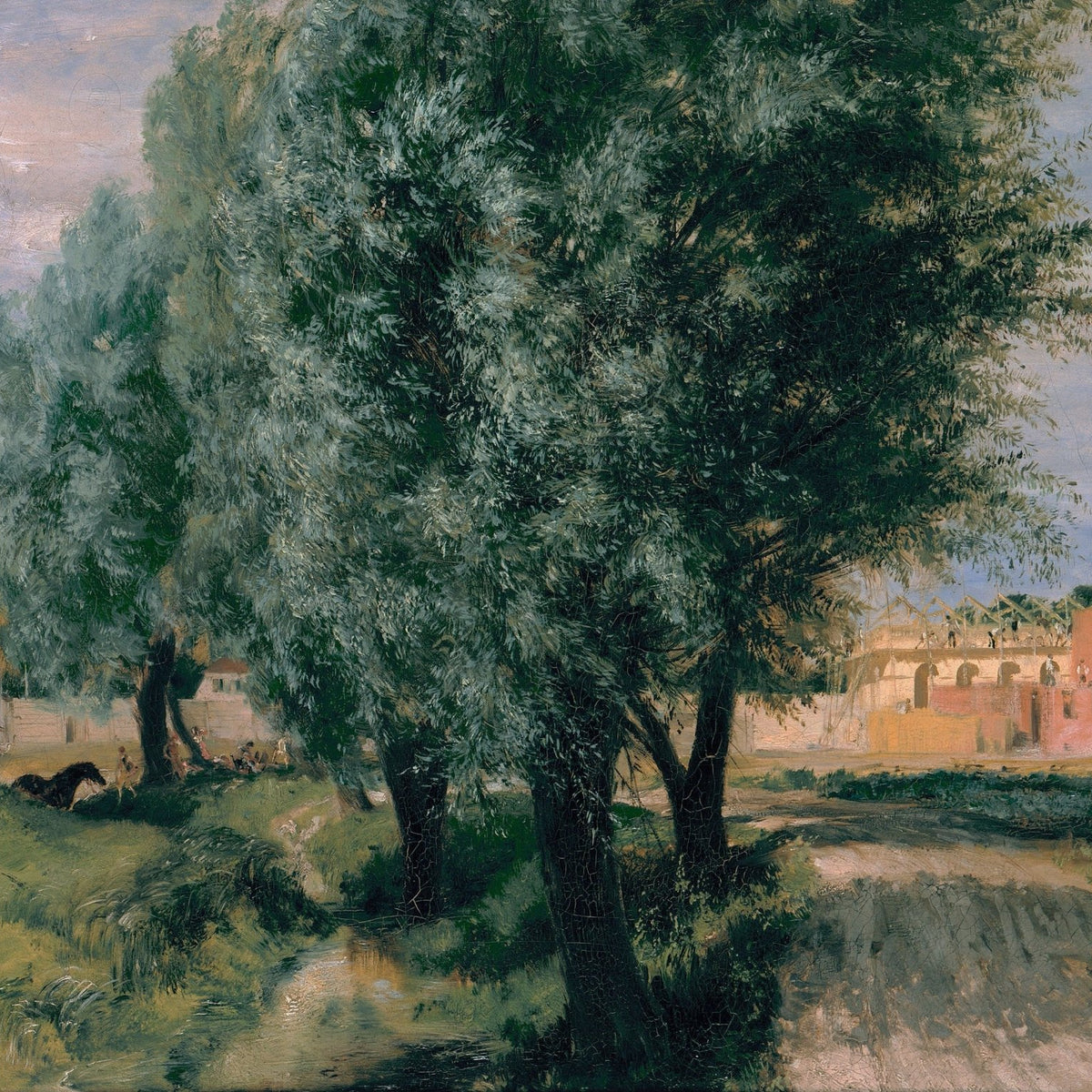 Hand-painted willow trees by the river in a quiet countryside landscape oil painting on canvas
