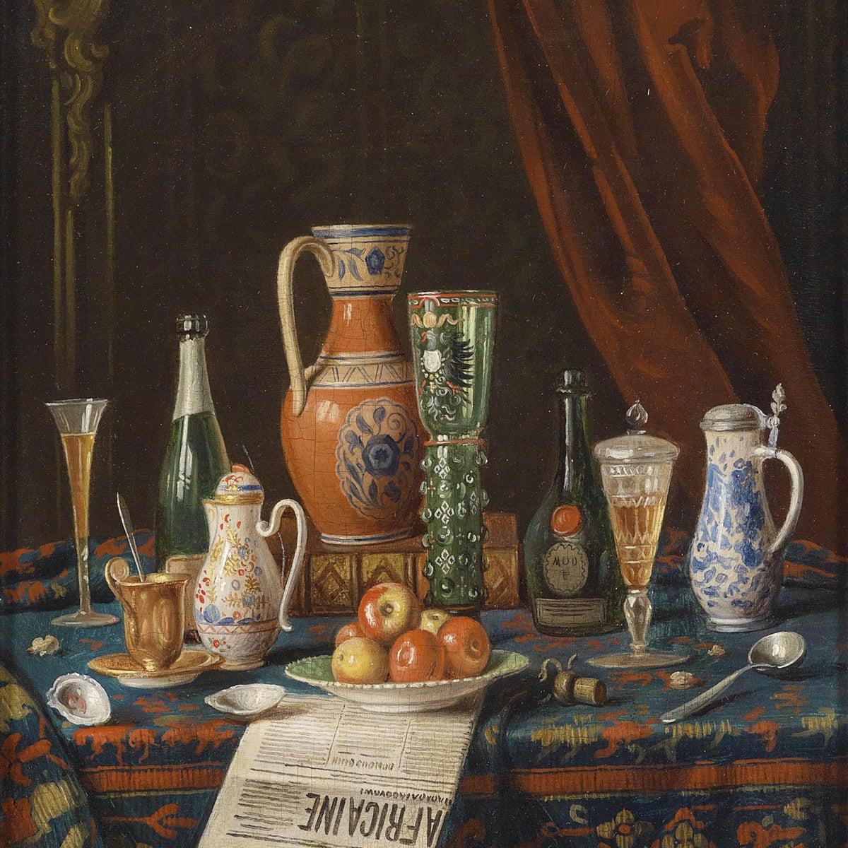 Wine Bottles and Ceramic Pitchers Table - Still Life Oil Painting - Oil Painting Haven