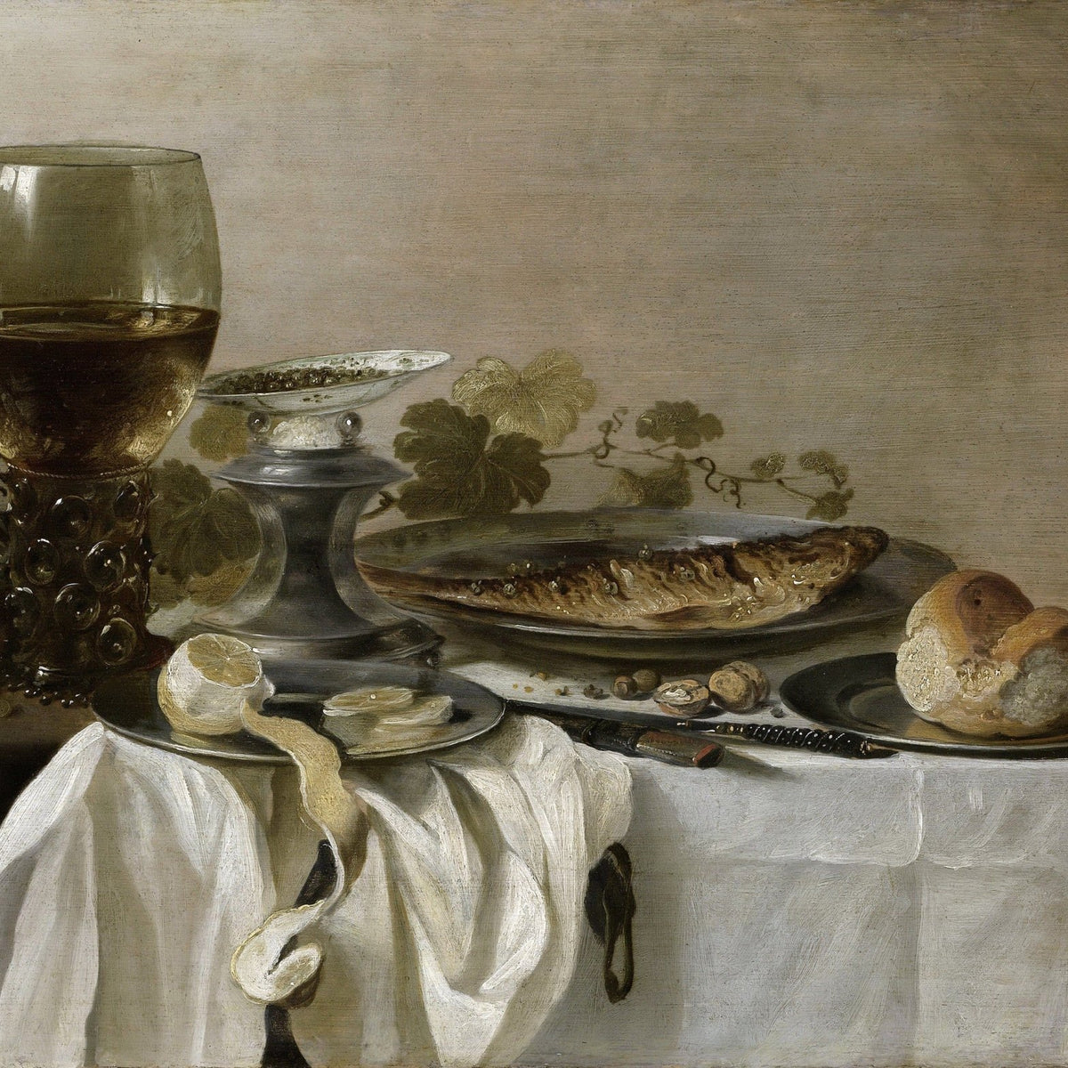 Wine Glass, Fish and Bread Table - Still Life Oil Painting - Oil Painting Haven