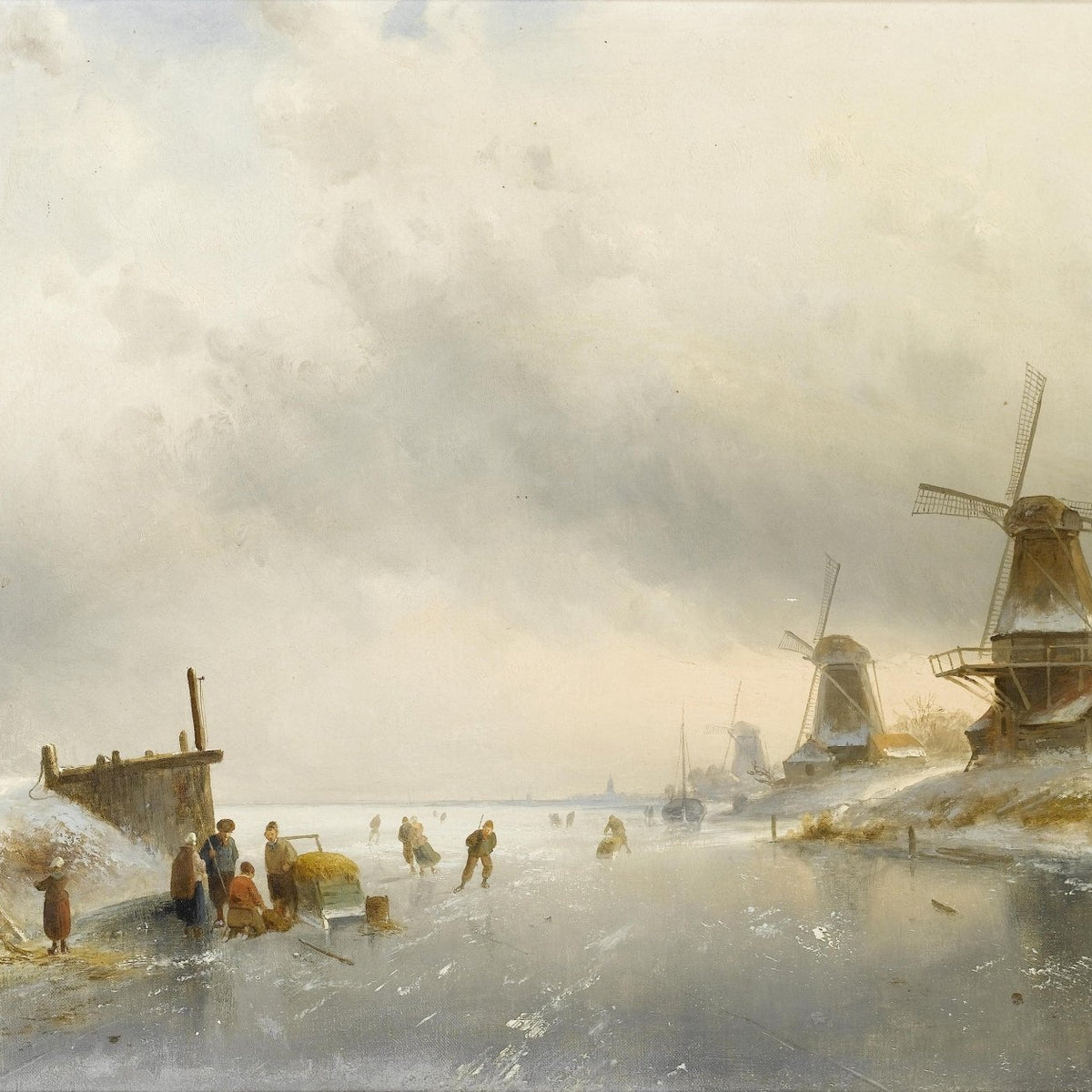 Winter Canal Scene, Windmills, Skaters – Landscape Oil Painting - Oil Painting Haven