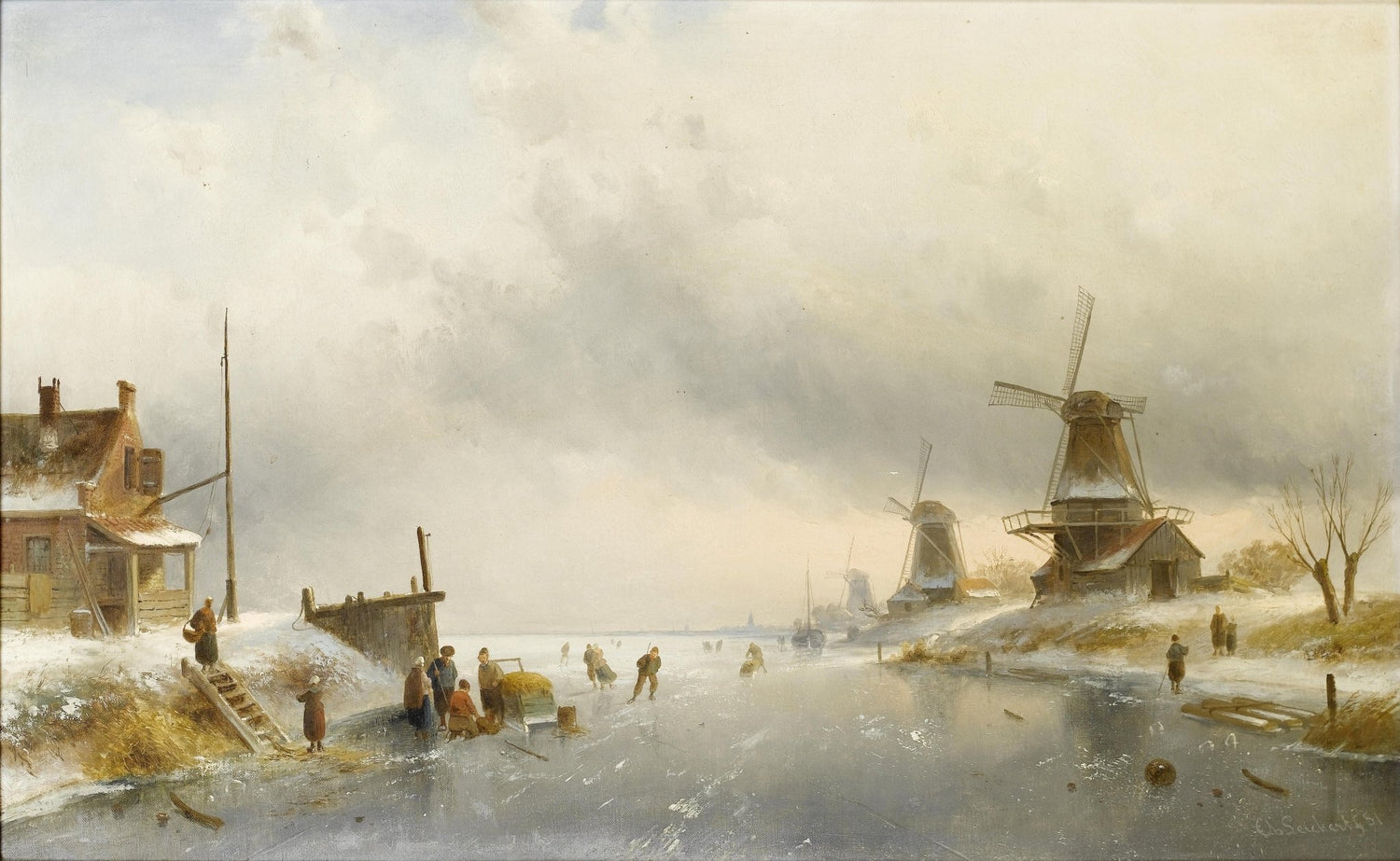 Winter Canal Scene, Windmills, Skaters – Landscape Oil Painting - Oil Painting Haven