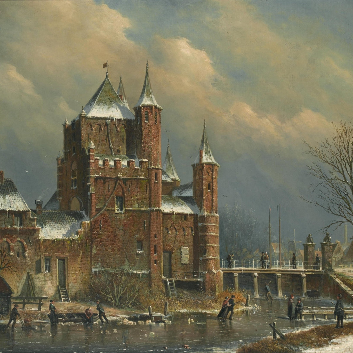 Winter Castle by the Canal with Figures – Landscape Oil Painting - Oil Painting Haven