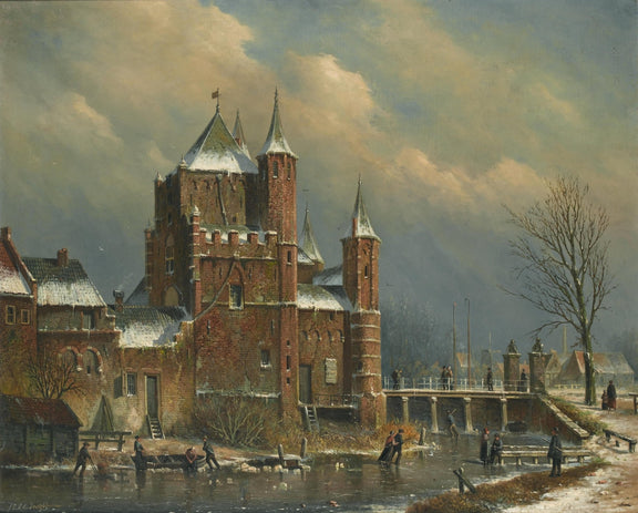 Winter Castle by the Canal with Figures – Landscape Oil Painting - Oil Painting Haven