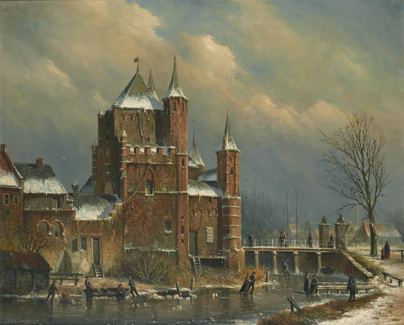Winter Castle by the Canal with Figures – Landscape Oil Painting - Oil Painting Haven