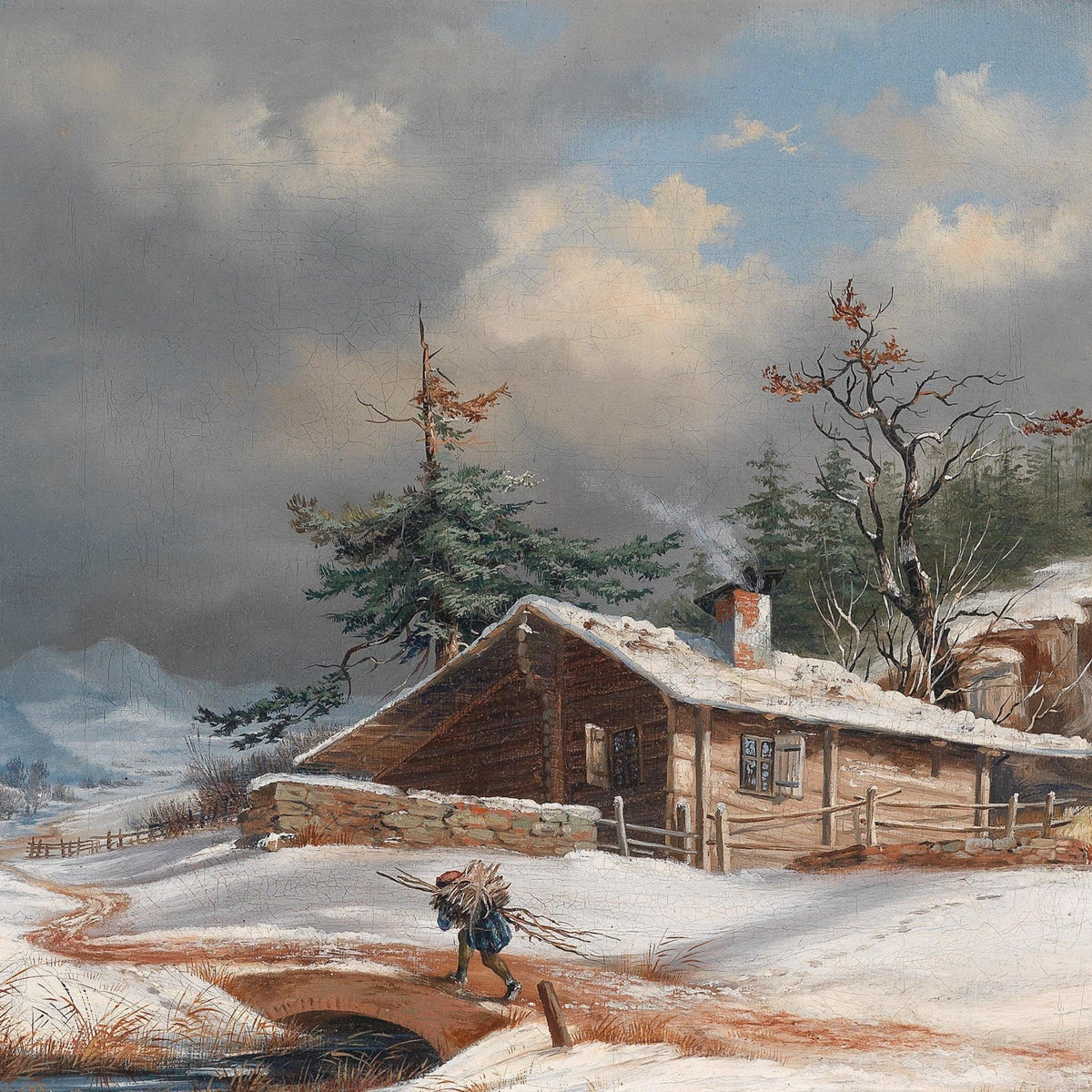 Winter Cottage with Snowy Path and Figure – Landscape Oil Painting - Oil Painting Haven