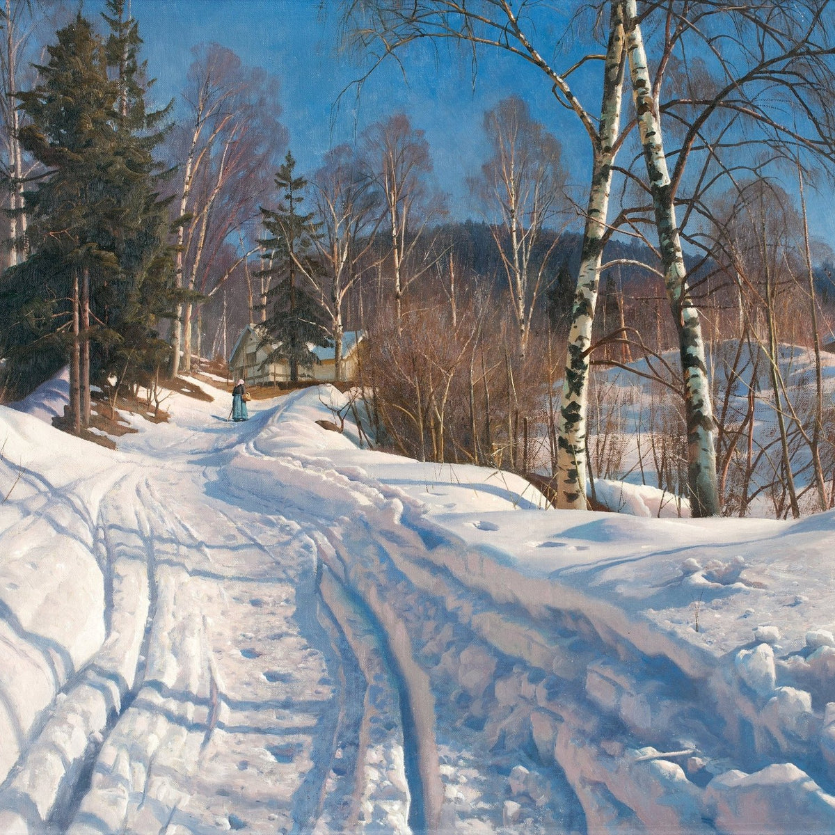 Winter Country Path, Birch Trees – Hand - Painted Landscape Oil Painting - Oil Painting Haven